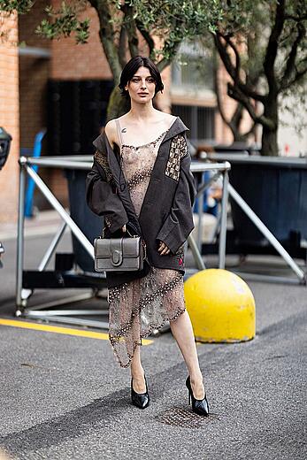 Alice Pagani in see through dress at Antonio Marras fashion show in Milan