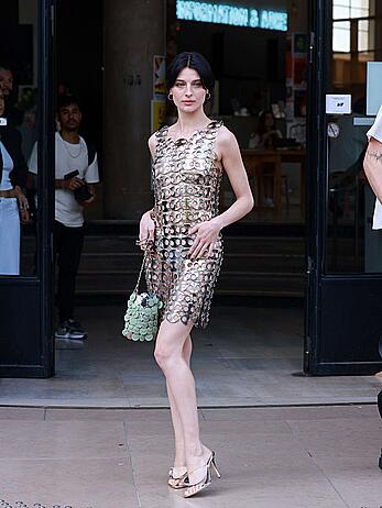 Alice Pagani in see through dress at Rabanne womenswear Spring∕Summer 2024 show in Paris