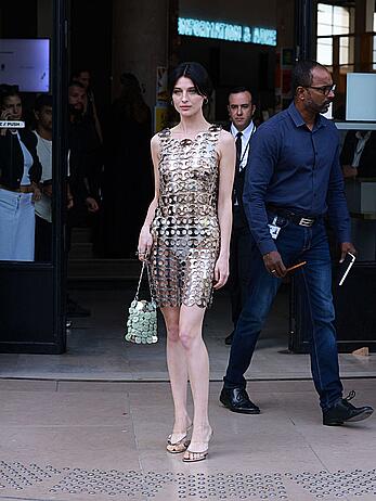 Alice Pagani in see through dress at Rabanne womenswear Spring∕Summer 2024 show in Paris