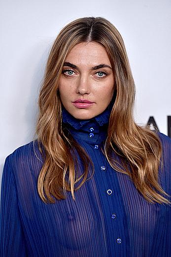 Alina Baikova without bra under see through blue blouse at the amfAR Inspiration Gala