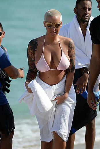 Busty Amber Rose wearing a bikini at a beach in Miami