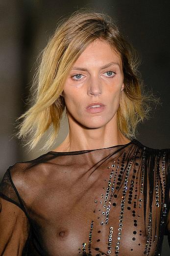 Anja Rubik in see through top and leather skirt at Saint Laurent SpringSummer 2017