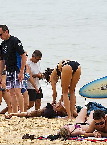 AnnaLynne McCord in black bikini on a beach in Sydney