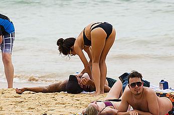 AnnaLynne McCord in black bikini on a beach in Sydney