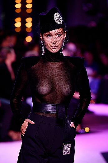 Bella Hadid in see through top at Alexandre Vauthier show in Paris