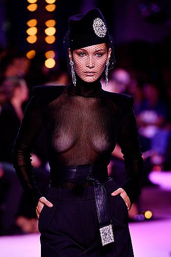 Bella Hadid in see through top at Alexandre Vauthier show in Paris