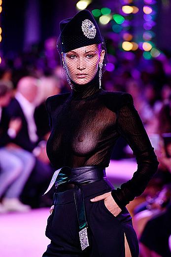 Bella Hadid in see through top at Alexandre Vauthier show in Paris