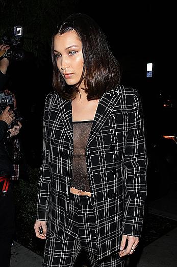 Bella Hadid braless under see through top