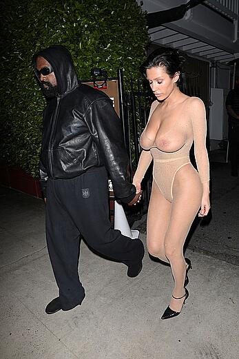 Bianca Censori see through to bare boobs at dinner at Giorgio Baldi in Santa Monica