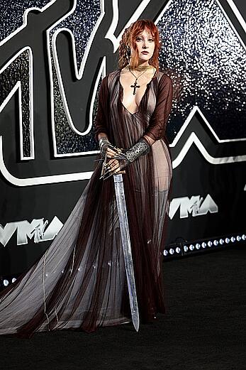 Chappell Roan braless in see through dress at 2024 MTV Video Music Awards in New York