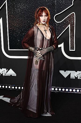 Chappell Roan braless in see through dress at 2024 MTV Video Music Awards in New York