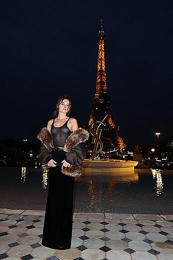 Charlotte Lawrence see through to tits at Saint Laurent show in Paris