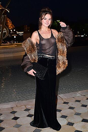 Charlotte Lawrence see through to tits at Saint Laurent show in Paris