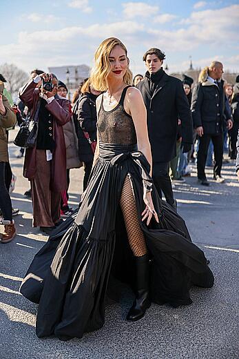 Chiara Ferragni braless in see through dress at the Christian Dior Womenswear Fall Winter 2023-2024