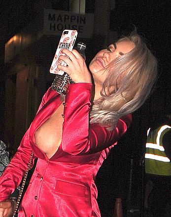 Drunk Chyna Ellis tit slip in short red dress in London