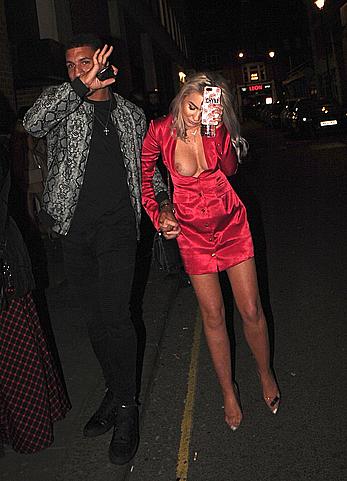 Drunk Chyna Ellis tit slip in short red dress in London