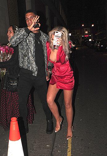 Drunk Chyna Ellis tit slip in short red dress in London