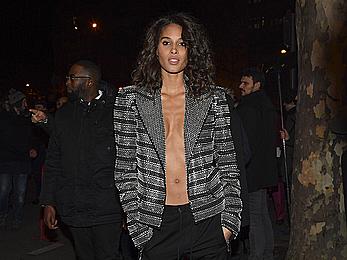 Cindy Bruna braless in metalic jacket at Balmain Homme show in Paris