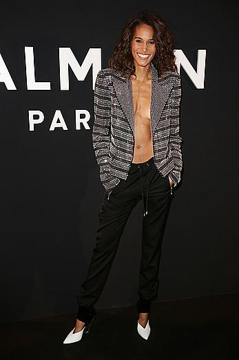 Cindy Bruna braless in metalic jacket at Balmain Homme show in Paris