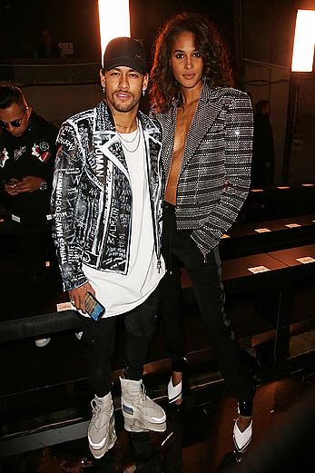 Cindy Bruna braless in metalic jacket at Balmain Homme show in Paris