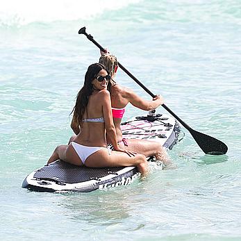 Claudia Romani cameltoe and cleavage in white bikini at the beach in Miami