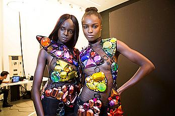 Duckie Thot see through dtressed at during Jeremy Scott Spring 2018 fashion show at New York Fashion Week