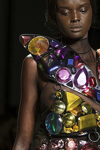 Duckie Thot see through dtressed at during Jeremy Scott Spring 2018 fashion show at New York Fashion Week