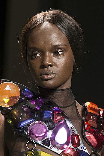 Duckie Thot see through dtressed at during Jeremy Scott Spring 2018 fashion show at New York Fashion Week