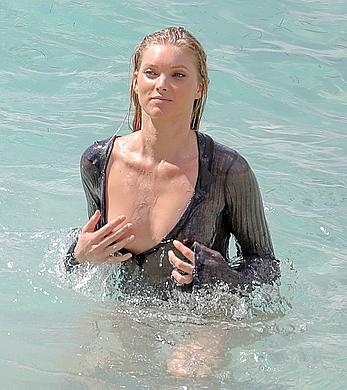 Elsa Hosk topless and in wet see through top during photoshoot