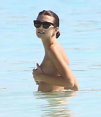 Busty Emily Ratajkowski topless on a beach in Cancun