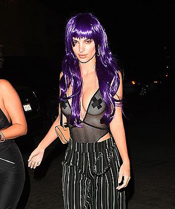 Emily Ratajkowski in a see through bodysuit with pasties at Halloween party