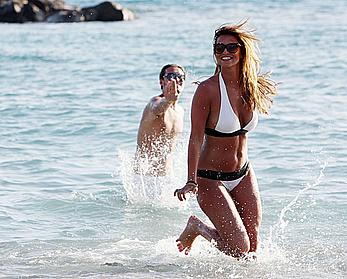 Ferne McCann sexy in white bikini on the beach while in Tenerife