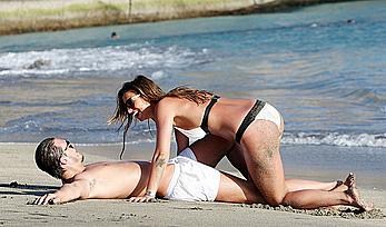 Ferne McCann sexy in white bikini on the beach while in Tenerife