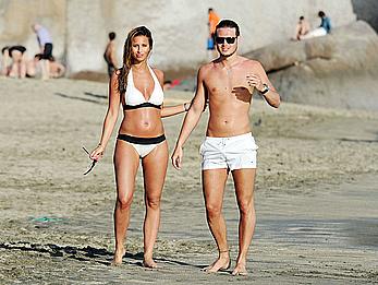 Ferne McCann sexy in white bikini on the beach while in Tenerife