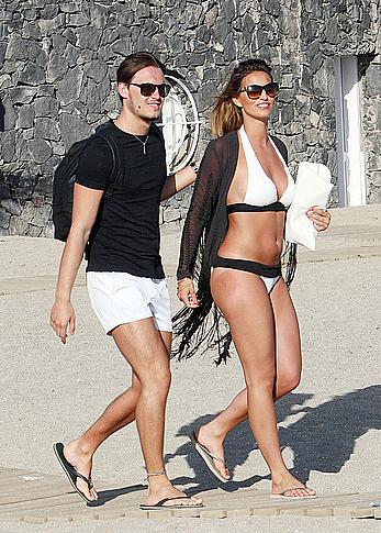 Ferne McCann sexy in white bikini on the beach while in Tenerife