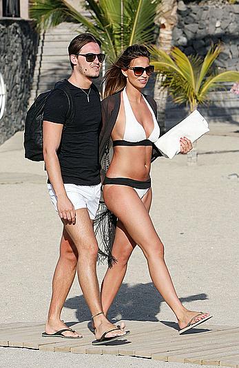 Ferne McCann sexy in white bikini on the beach while in Tenerife