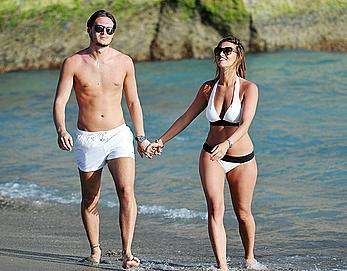 Ferne McCann sexy in white bikini on the beach while in Tenerife