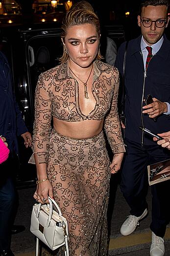 Florence Pugh braless in see through dress at the Valentino Dinner in Paris