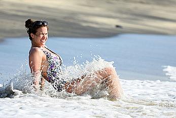 Gemma Atkinson in swimsuit on a beach in Cape Verde