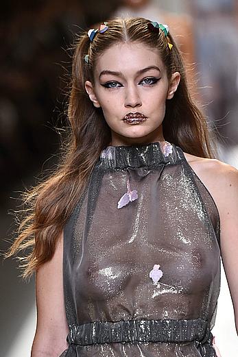 Gigi Hadid in see through dress runway pics at Fendi Show