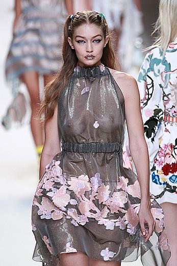 Gigi Hadid in see through dress runway pics at Fendi Show