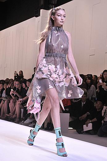 Gigi Hadid in see through dress runway pics at Fendi Show