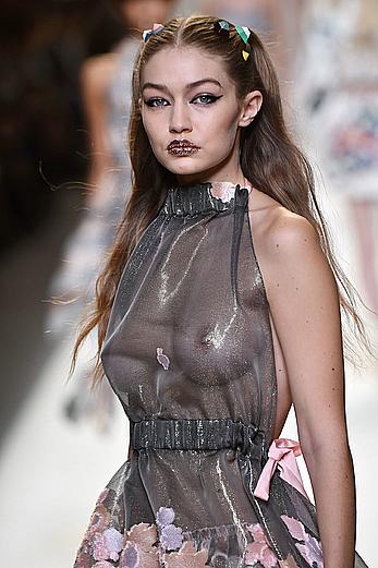 Gigi Hadid in see through dress runway pics at Fendi Show