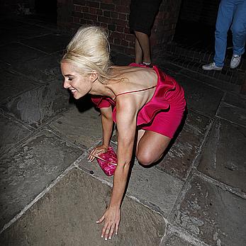 Helen Flanagan pink dress falling over leaving gusto restaurant