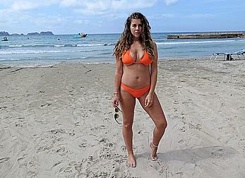 Imogen Thomas in orange bikini in Mallorca