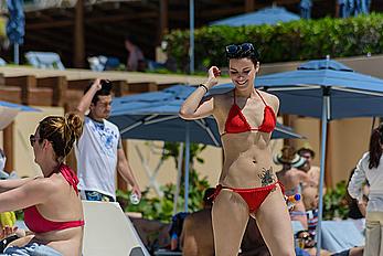 Jaimie Alexander in red bikini at the pool in Cancun