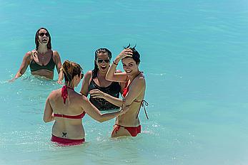 Jaimie Alexander in red bikini at the pool in Cancun