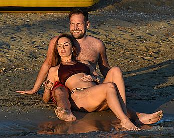 Jennifer Metcalfe pokies in wet bikini on a beach in Ibiza