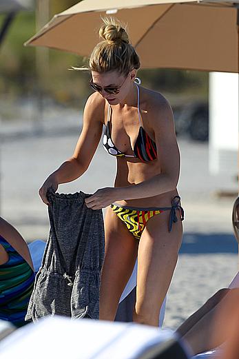 Jennifer Morrison on a beach in bikini candids in Miami