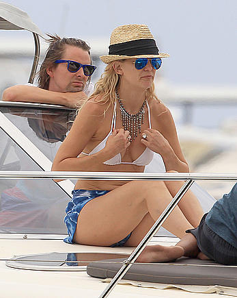 Kate Hudson in white bikini on a boat in Ibiza